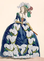 Elaborate Royal Court Dress in Navy Blue with Luxuriant White Frill Design, engraved by Dupin, plate no.277 from 